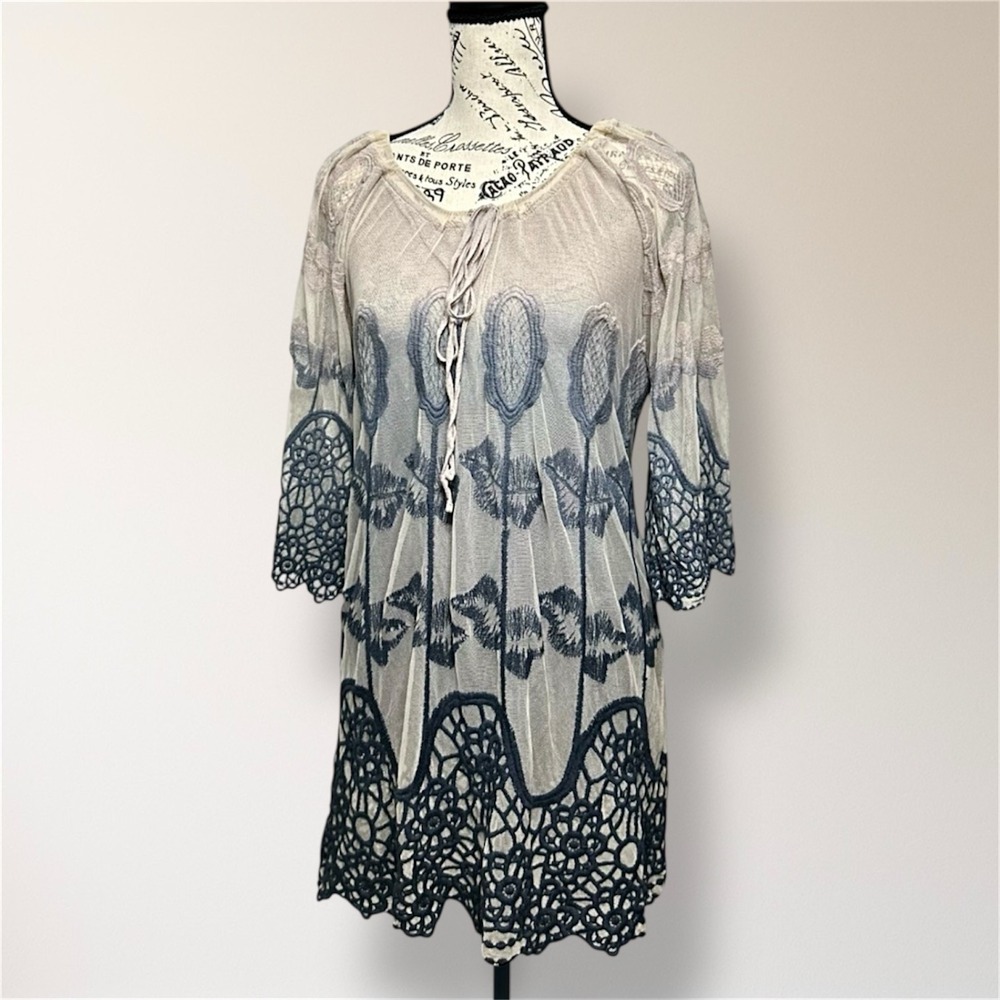XCVI S Beige Gray Ombre Cotton Crochet Lace Embroidered Mini Dress Boho Resort - Picture 3 of 7